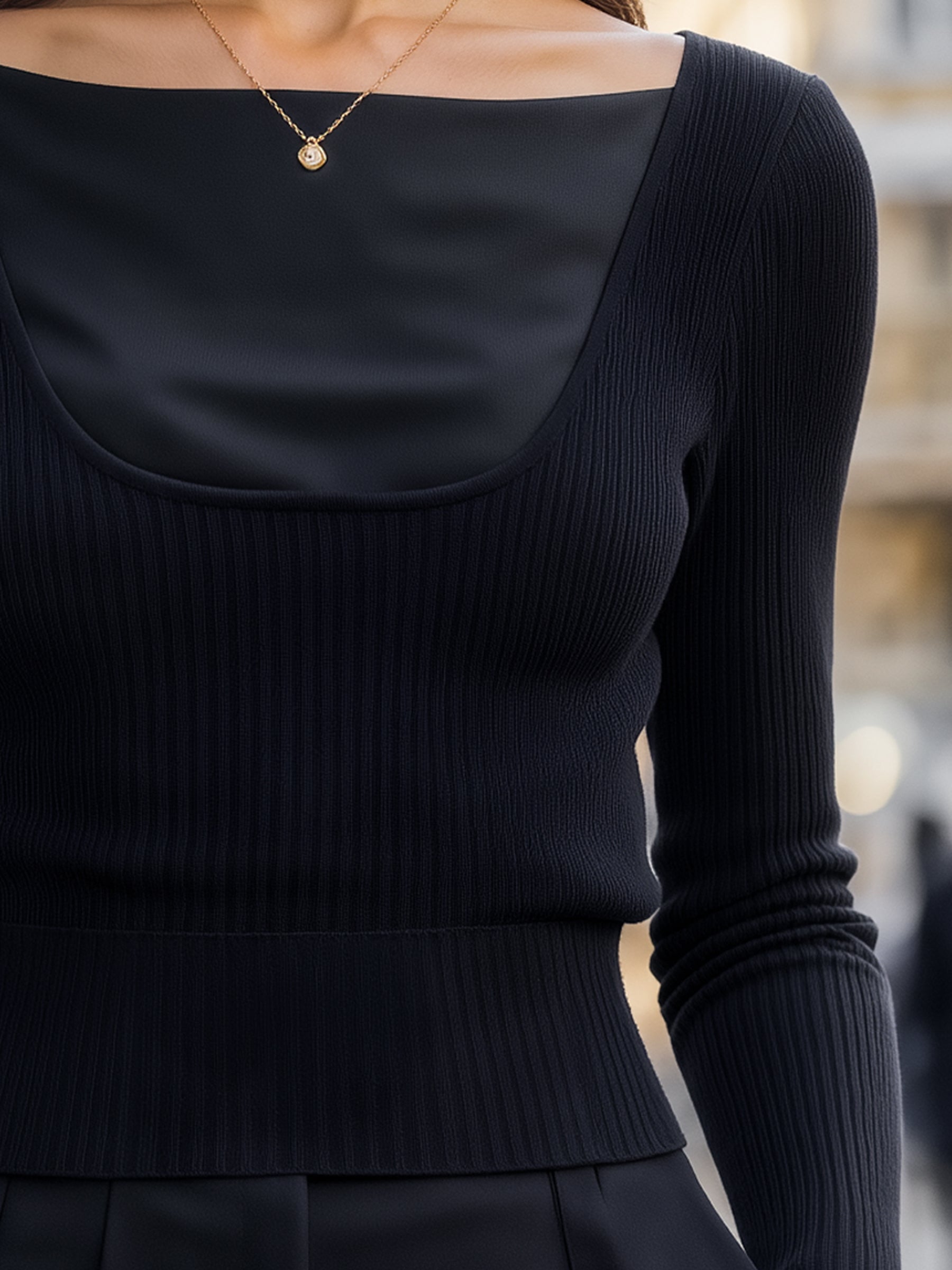 Scoop Neck Contrast Panel Ribbed Knit Sweater