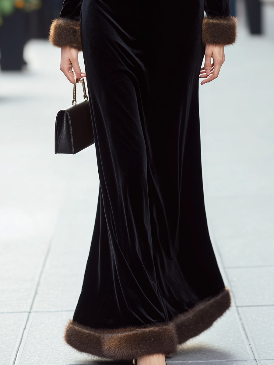 Luxurious Black Velvet Gown With Faux Fur Trim