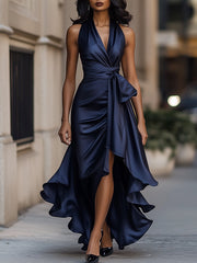 Midnight Elegance Satin Halter Ruffle Gown