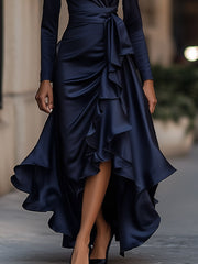 Midnight Blue Draped Satin Maxi Dress With Ruffle Details