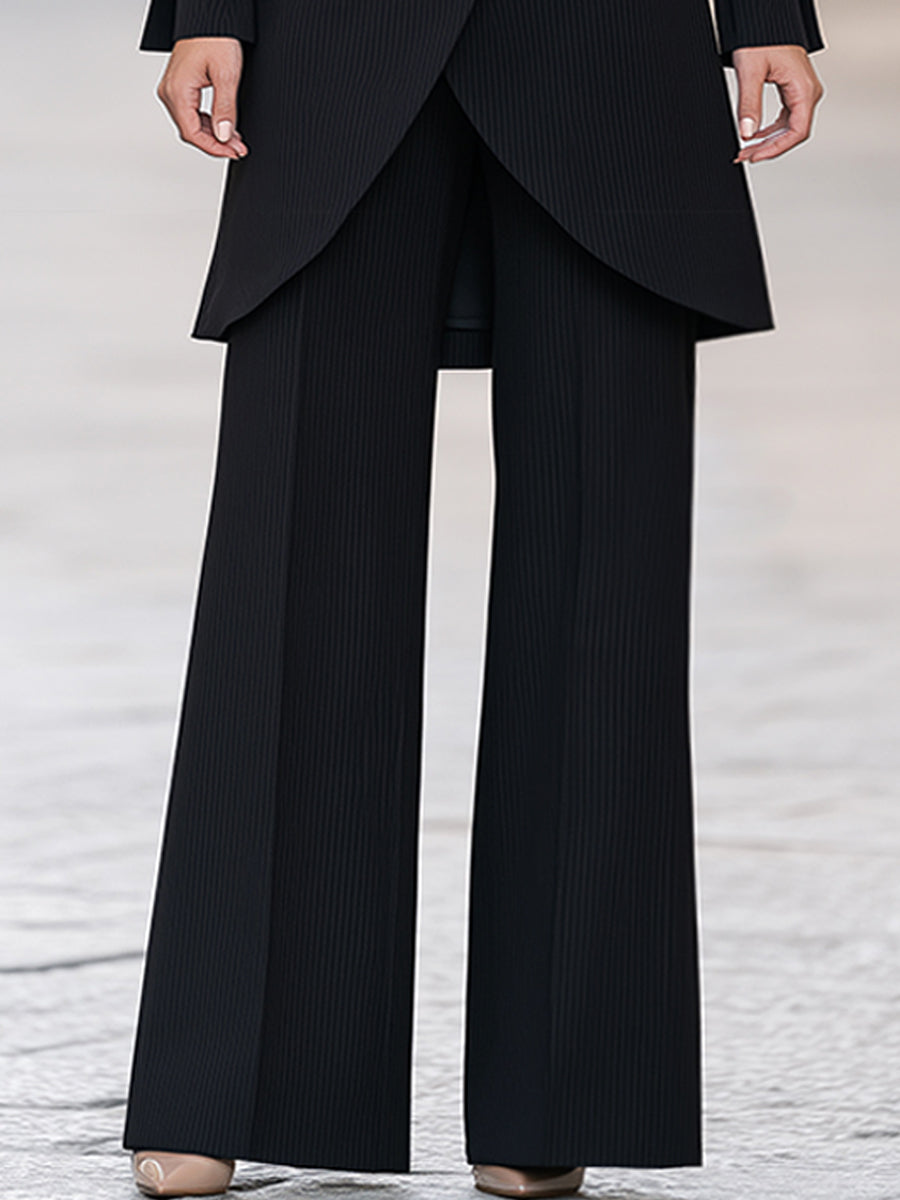 Women's Ribbed Knit Two-Piece Set - Mock Neck Wrap Tunic & Wide Leg Pants