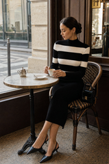 Contrast Stripe Ribbed Knit Mock Neck Midi Dress