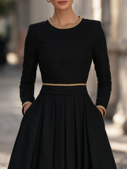 Gold Trim Fit And Flare Tweed Midi Dress