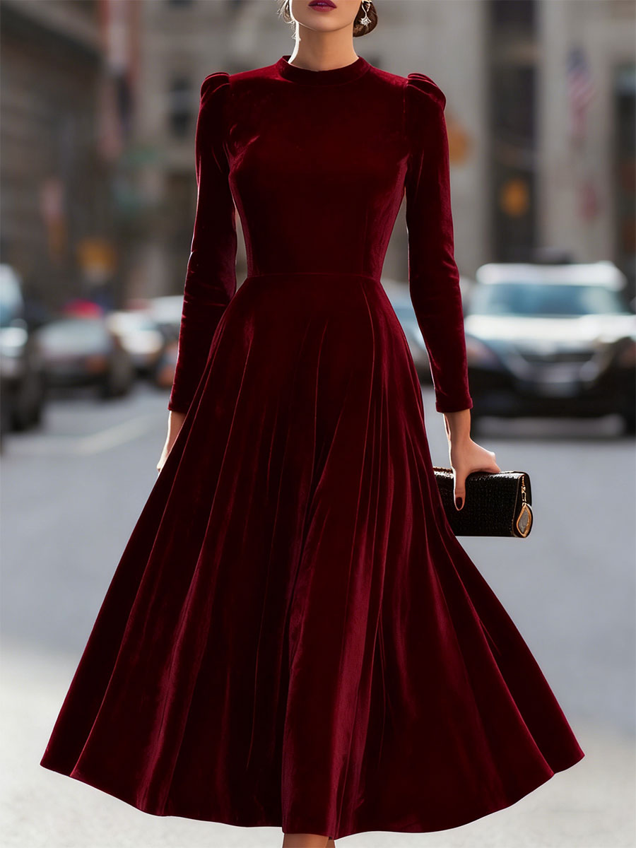 Luxurious   Velvet Long-Sleeve Midi Dress