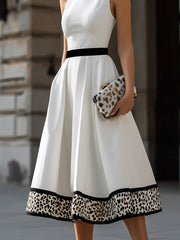 Contrast Waist Leopard Hem A-Line Midi Dress
