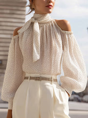 Polka Dot Cold-Shoulder Chiffon Blouse With Scarf Tie