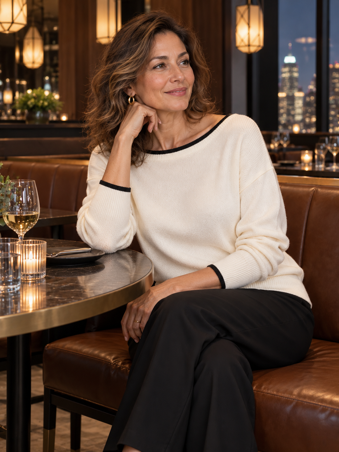 Contrast-Trim Boat-Neck Dolman Sleeve Oversized Knit Sweater