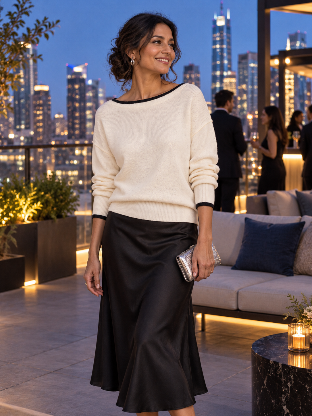 Contrast-Trim Boat-Neck Dolman Sleeve Oversized Knit Sweater