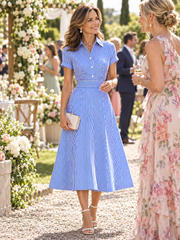 Striped Shirt Collar Fit-and-Flare Midi Dress