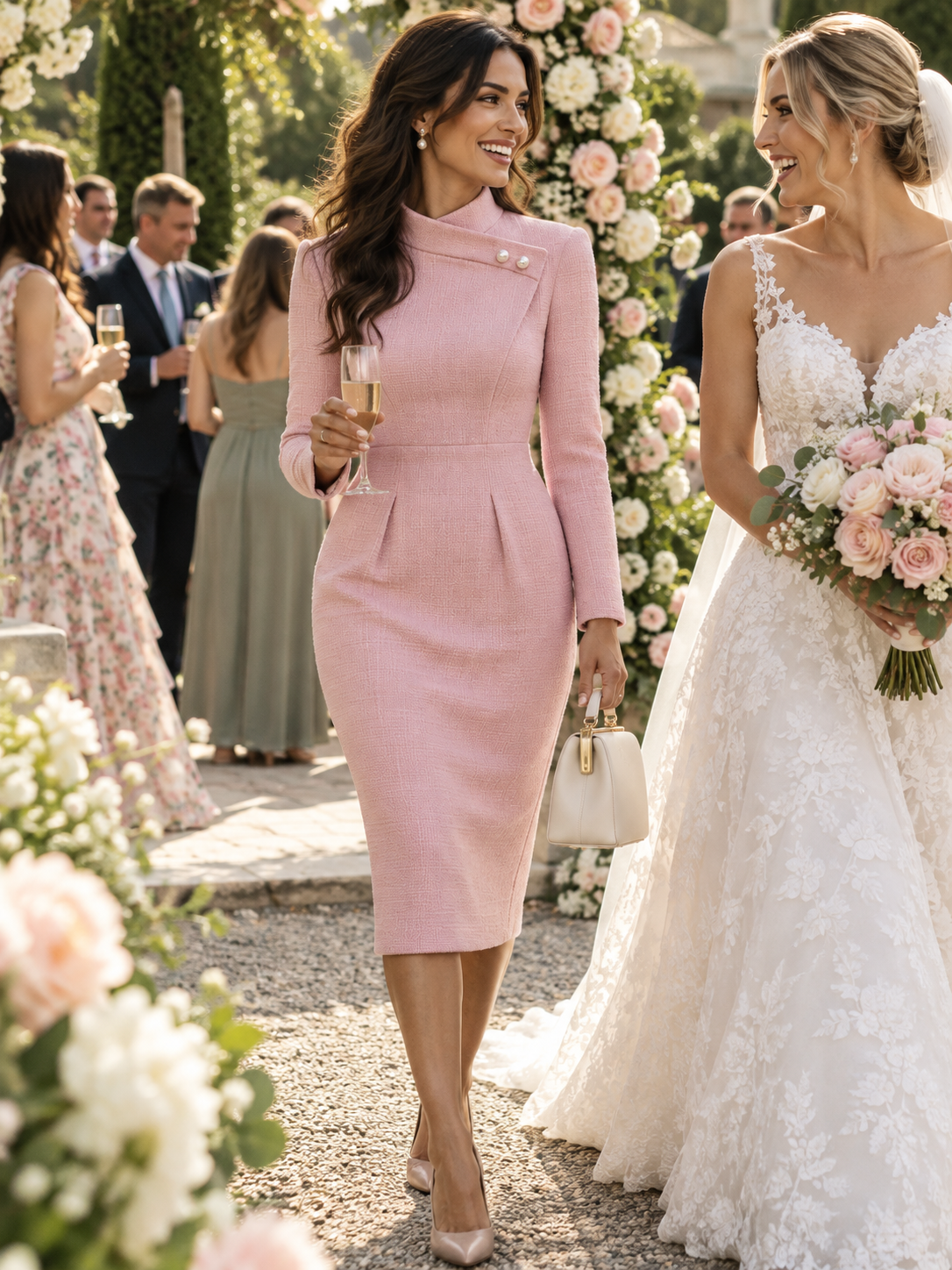Asymmetric Pearl-Button Tweed Midi Dress