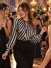 Women's Black and White Striped Long Sleeve Keyhole Blouse