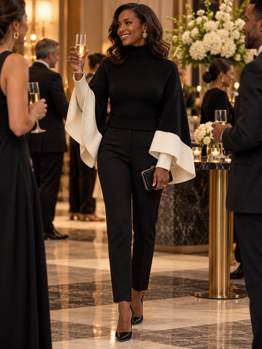 Turtleneck Batwing Cape Sweater Color Block Poncho Top
