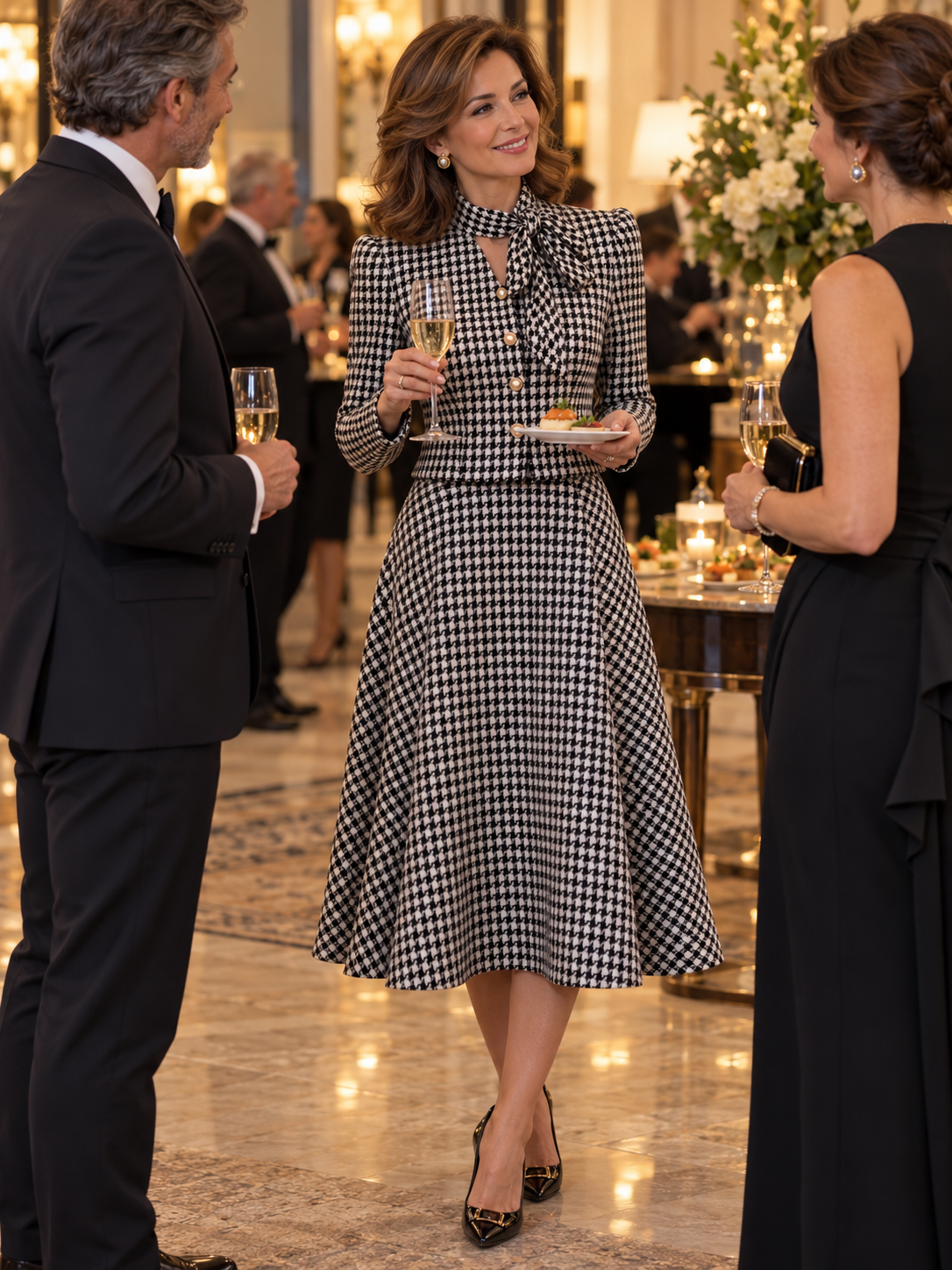 Houndstooth Bow Neck Jacket And A-Line Midi Skirt Set