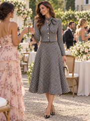 Houndstooth Bow Neck Jacket And A-Line Midi Skirt Set