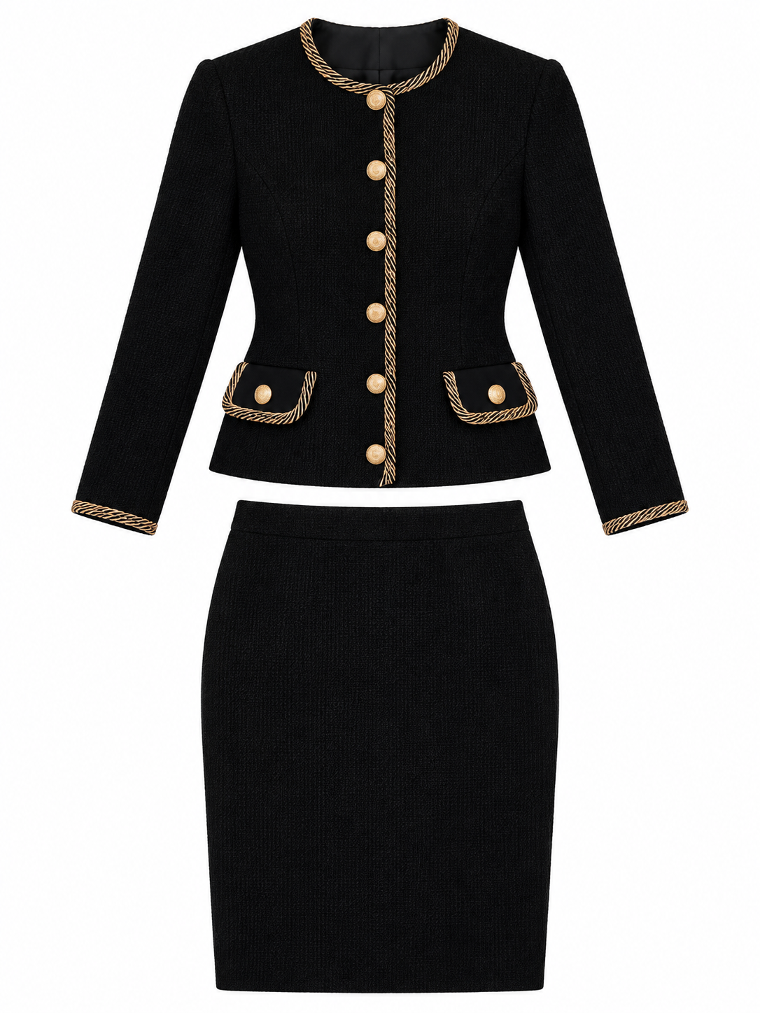 Women's Black Contrast-Trim Jacket & Pencil Skirt Set with Gold-Tone Buttons