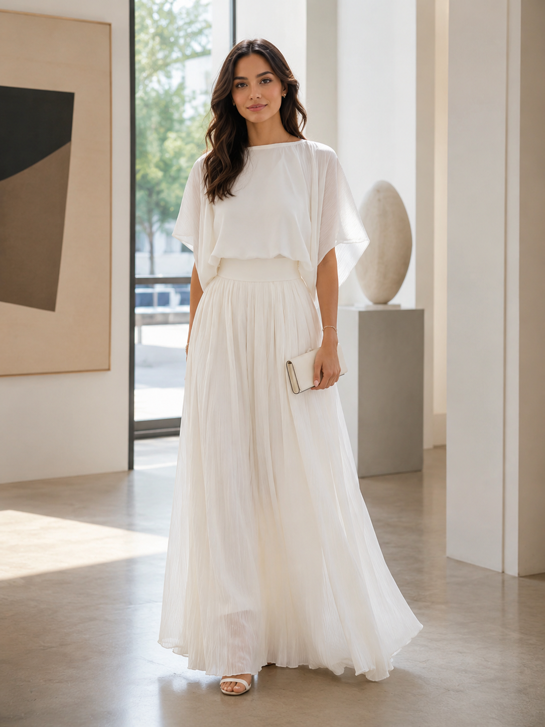 Pleated Shawl-Sleeve High-Waisted Flowy Maxi Dress Set