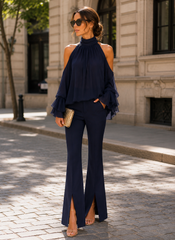 Halter Cold Shoulder Ruffle Chiffon Top & Front Slit Flare Pants Two-Piece Set