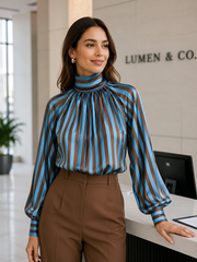 Striped High Neck Pleated Blouse with Balloon Sleeves