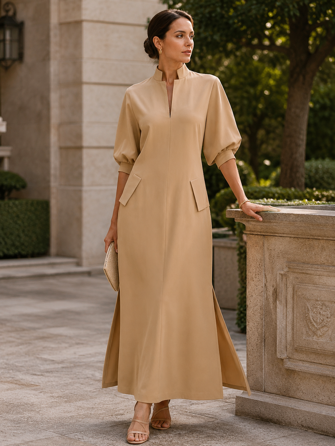 Stand Collar Batwing Sleeve Maxi Dress
