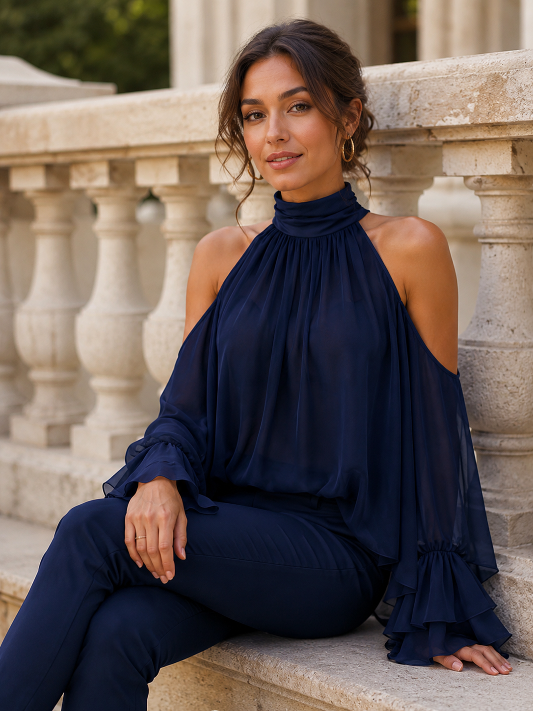 Chiffon High Halter Cold Shoulder Blouse