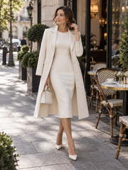 Elegant Pearl-Trim Coat With Sheath Dress Set