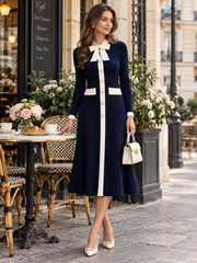 Ribbed Knit Bow-Collar A-Line Maxi Dress