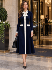 Ribbed Knit Bow-Collar A-Line Maxi Dress