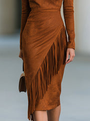 Asymmetric Fringe Faux Suede Midi Dress