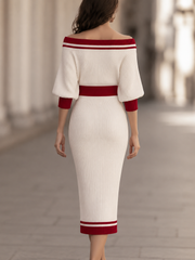Contrast Trim Off-Shoulder Knit Midi Dress
