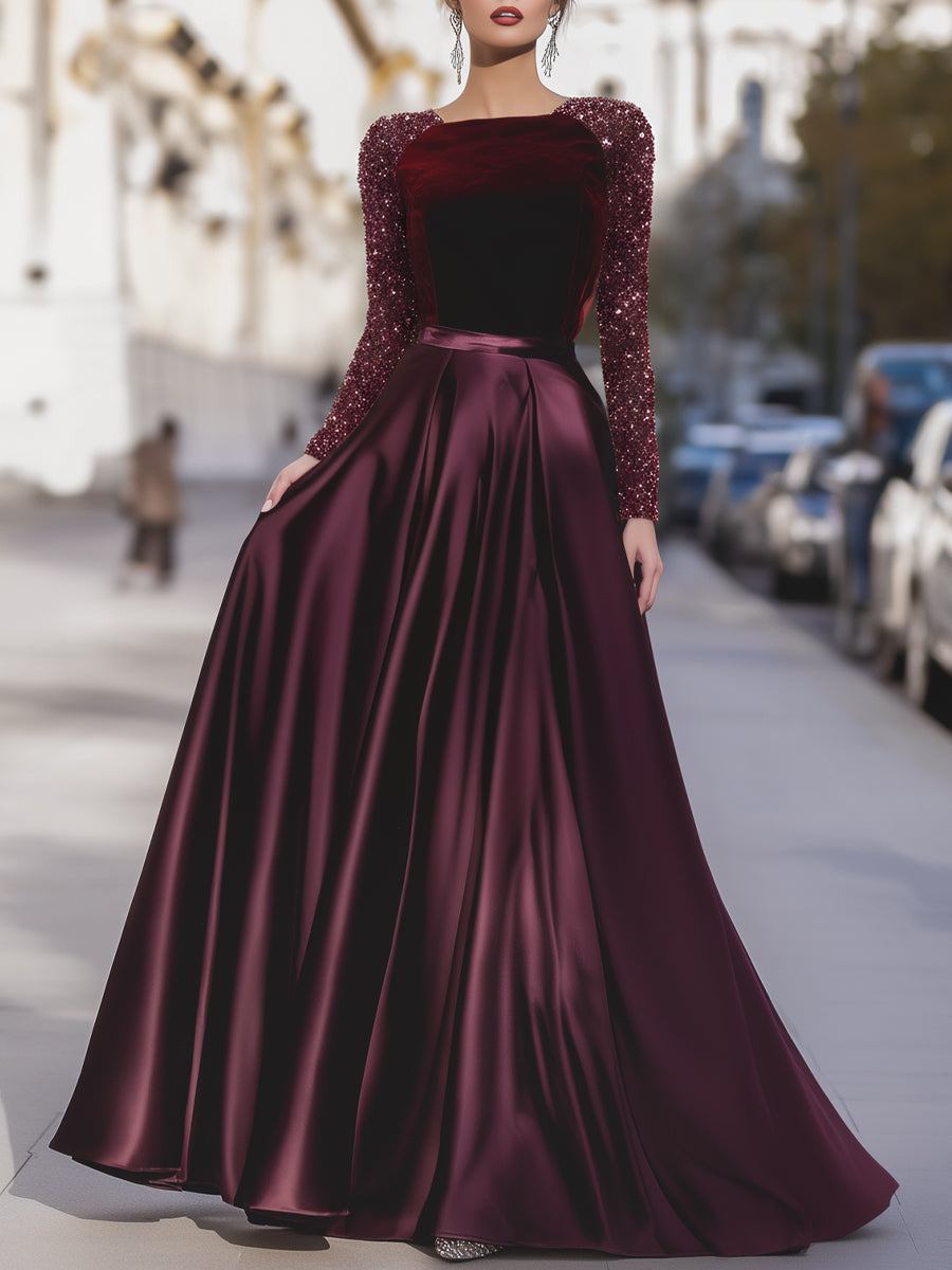 Velvet Sequin Sleeve Gown With Satin Skirt