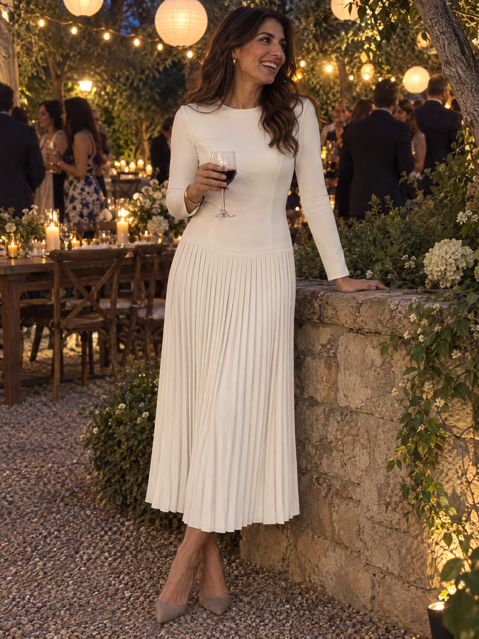Elegant Long Sleeve Pleated Drop-Waist Maxi Dress