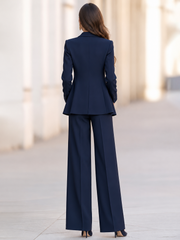 Women's Navy Satin Peak Lapel Blazer and High-Waist Wide-Leg Trousers Suit Set