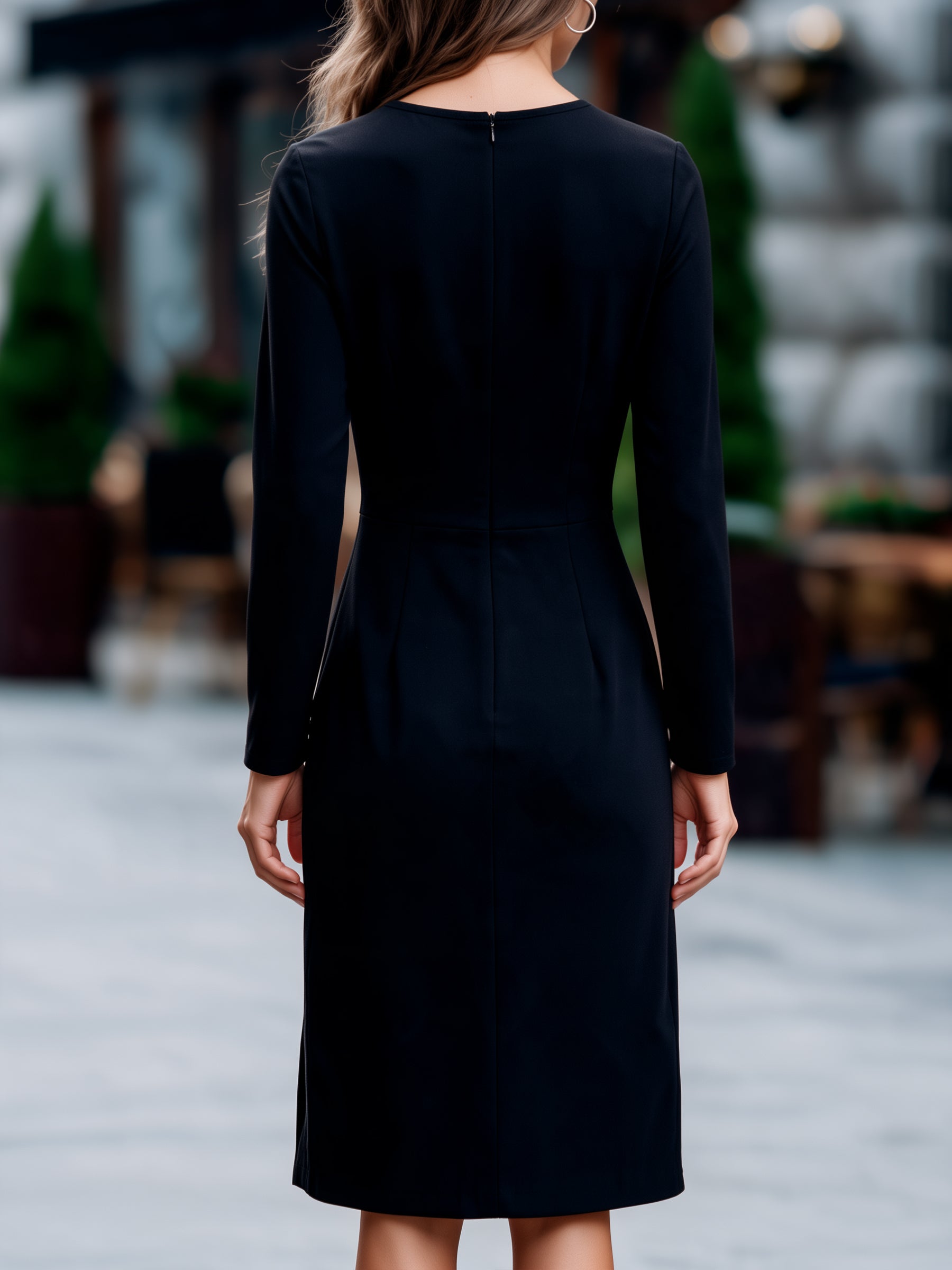 Sheer Yoke Ruched Waist Midi Sheath Dress