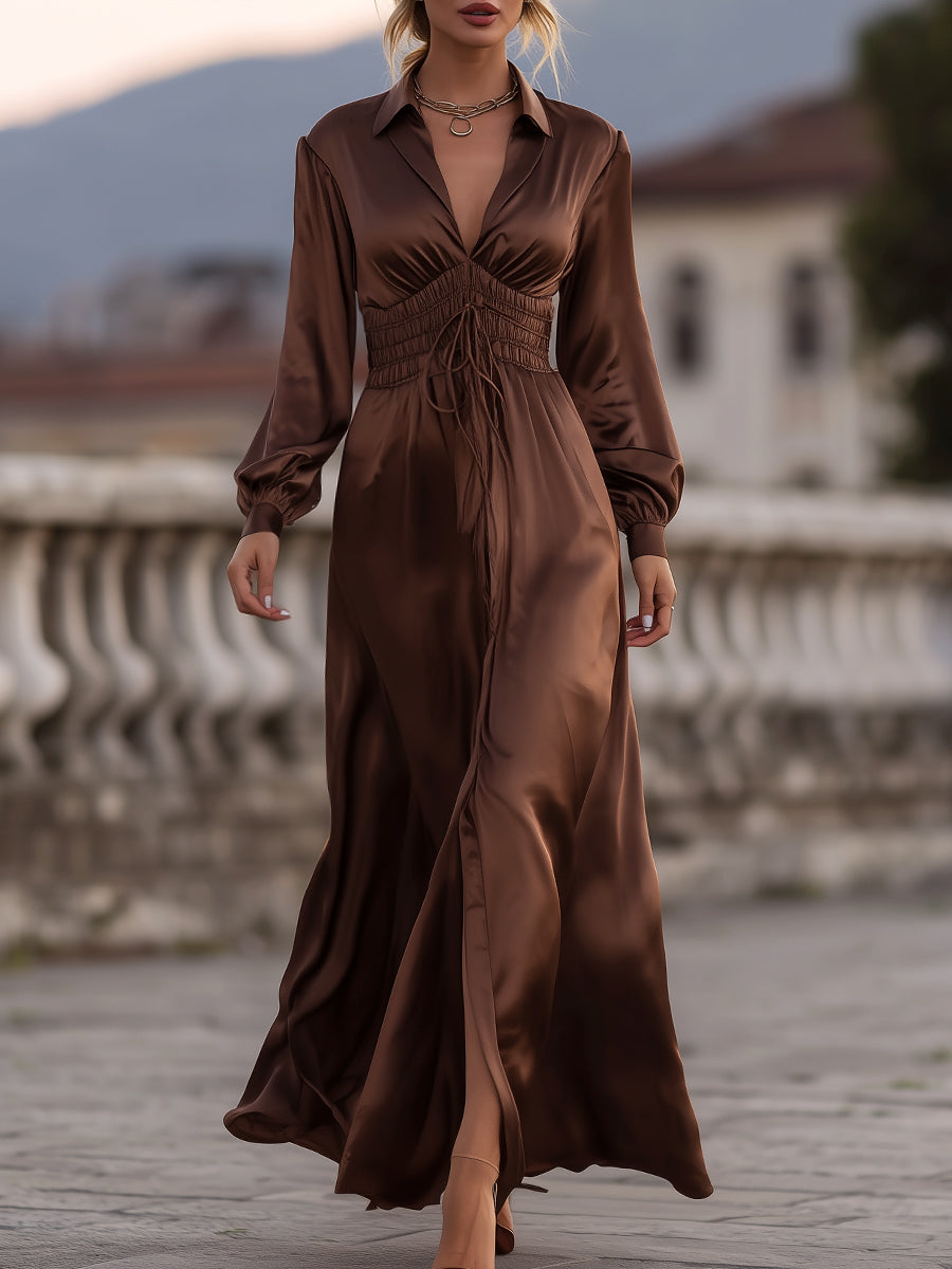 Mooyius Satin Cinched Waist Maxi Dress In Mocha Brown