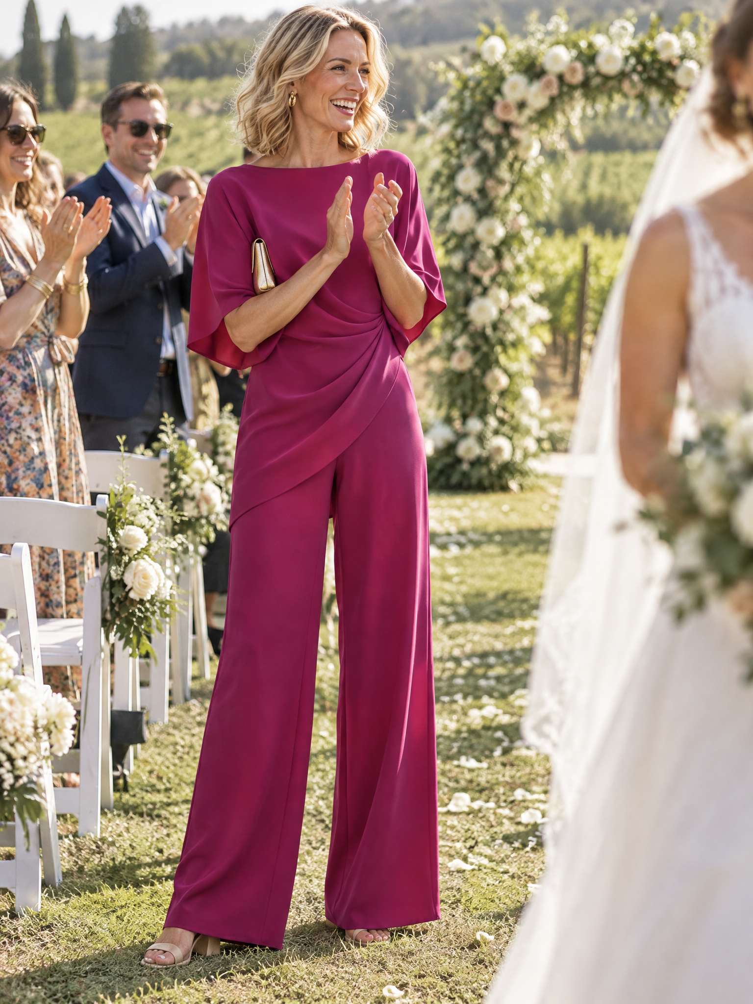 Draped Waist Blouse And Wide-Leg Pants Two-Piece Set