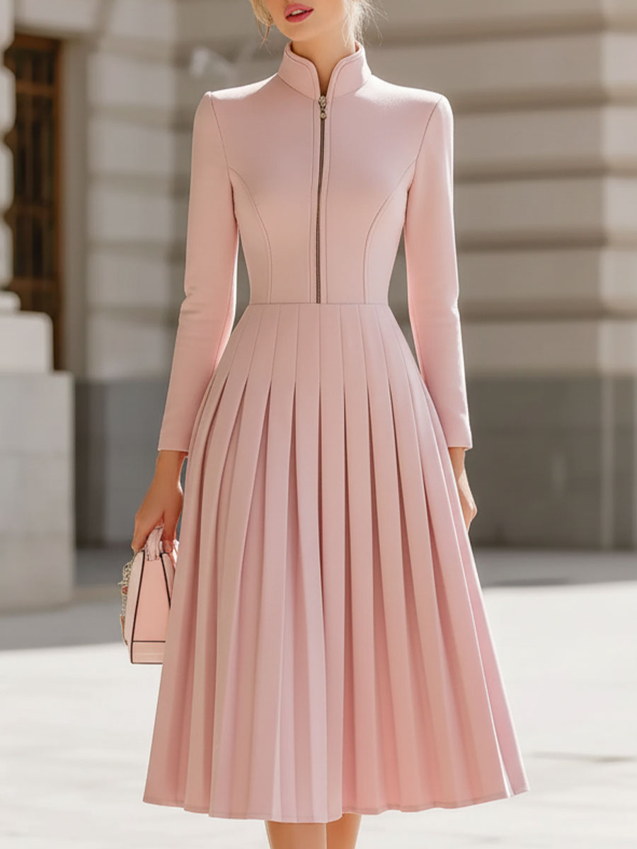Elegant Blush Pink Pleated Midi Dress With Stand Collar