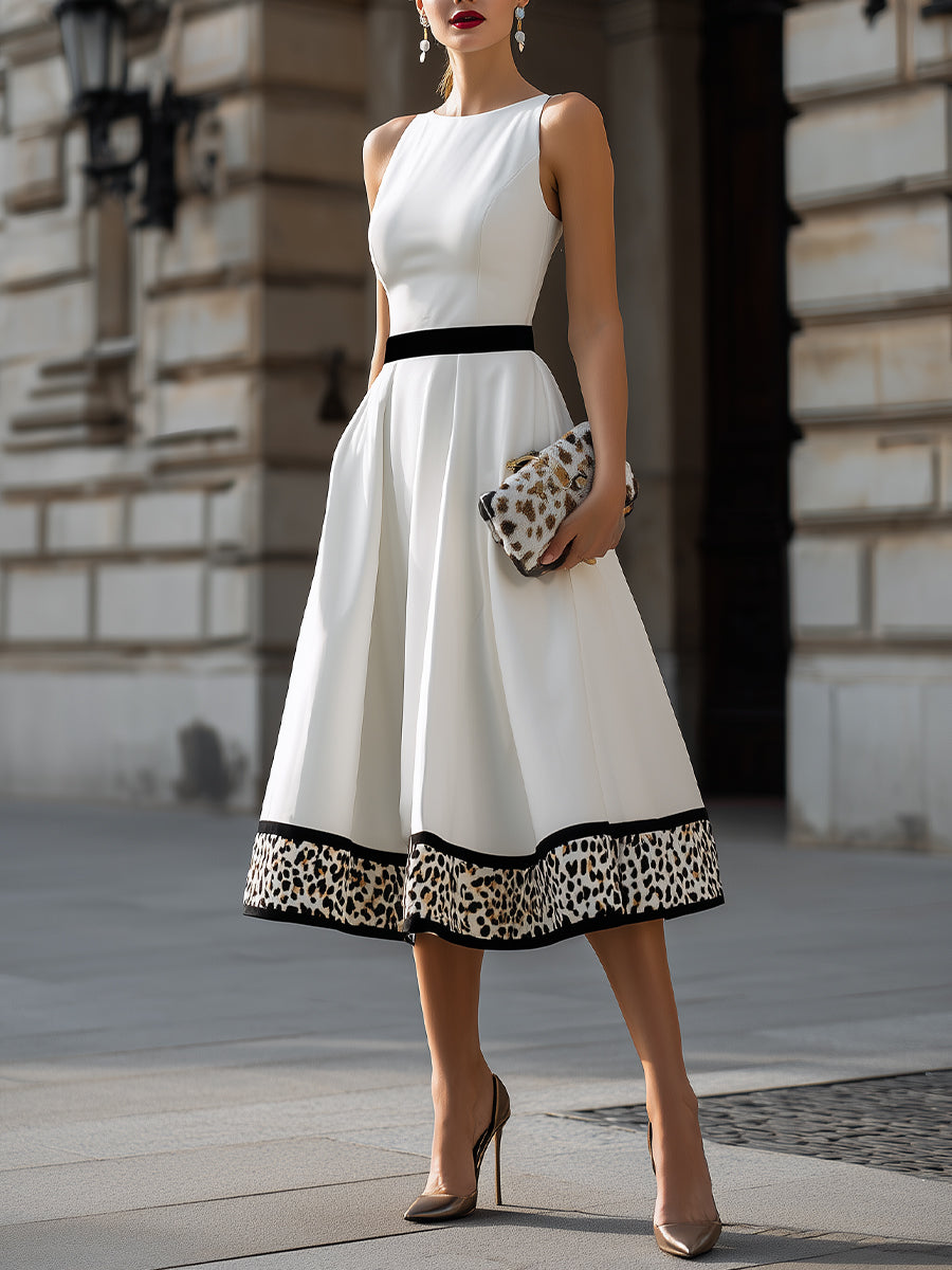 Contrast Waist Leopard Hem A-Line Midi Dress