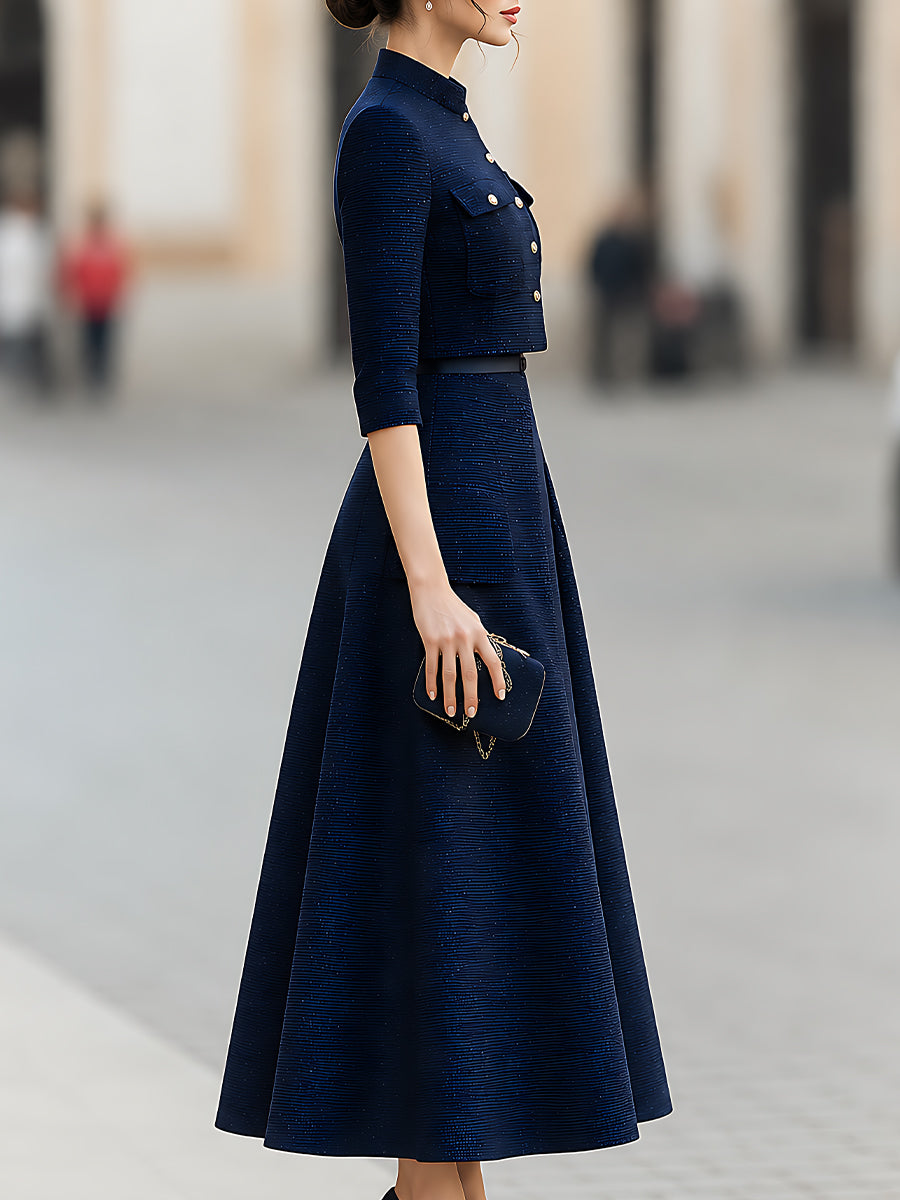 Couture-Inspired Cropped Jacket And Silk-Panel Maxi Skirt Set