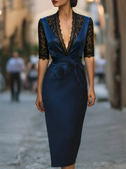 Elegant Lace-Trim V-Neck Belted Midi Dress