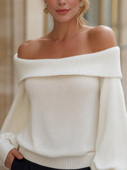 Off-Shoulder Knit Sweater With Folded Collar