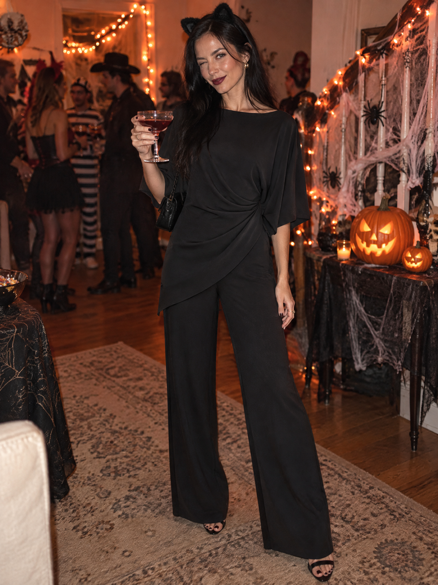 Draped Waist Blouse And Wide-Leg Pants Two-Piece Set