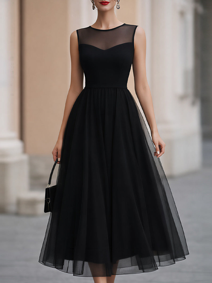 Black Sleeveless Mesh Yoke Tulle Midi Dress