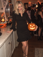Elegant V-Neck Long Sleeve Ruffle Hem Black Dress