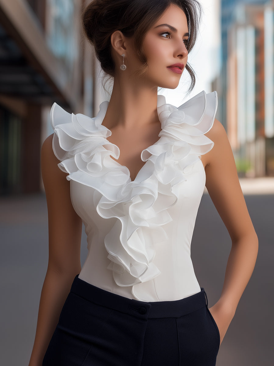 Sleeveless Chiffon Ruffled V-Neck Top