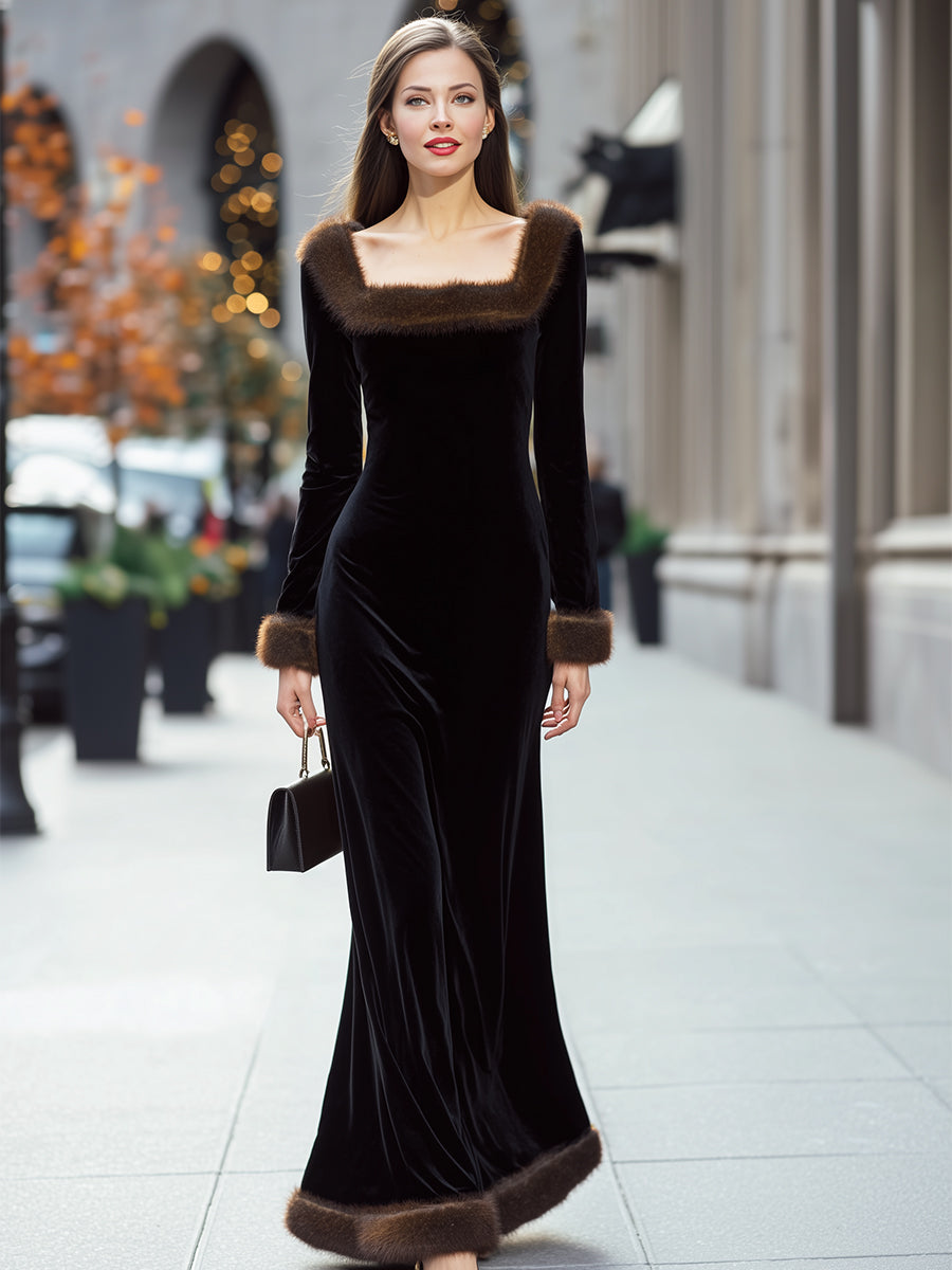 Luxurious Black Velvet Gown With Faux Fur Trim