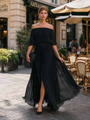 Off-Shoulder Pleated Chiffon Maxi Dress